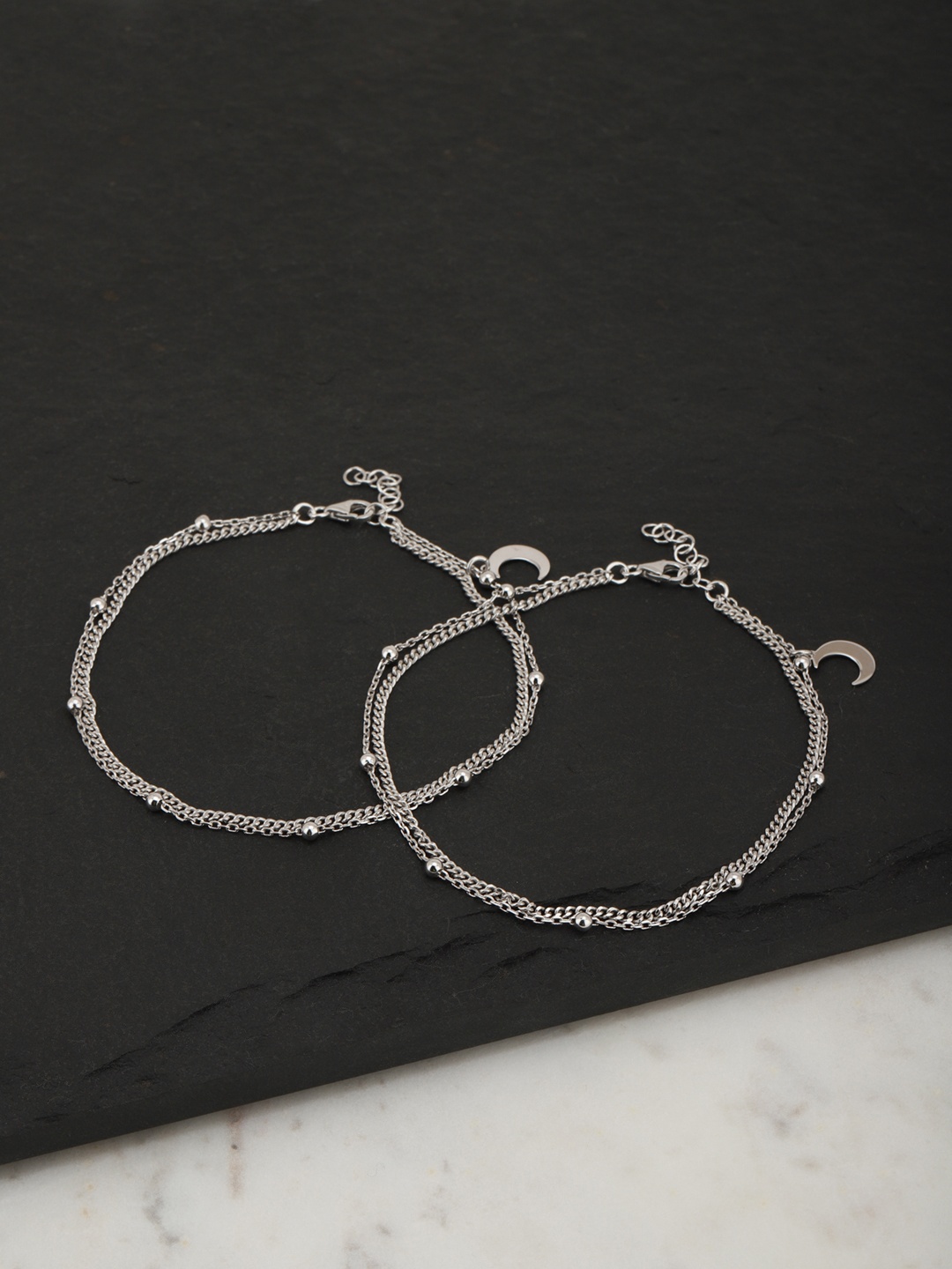 

Carlton London Set of 2 Silver-Toned Rhodium-Plated Crescent Charm Layered Anklets