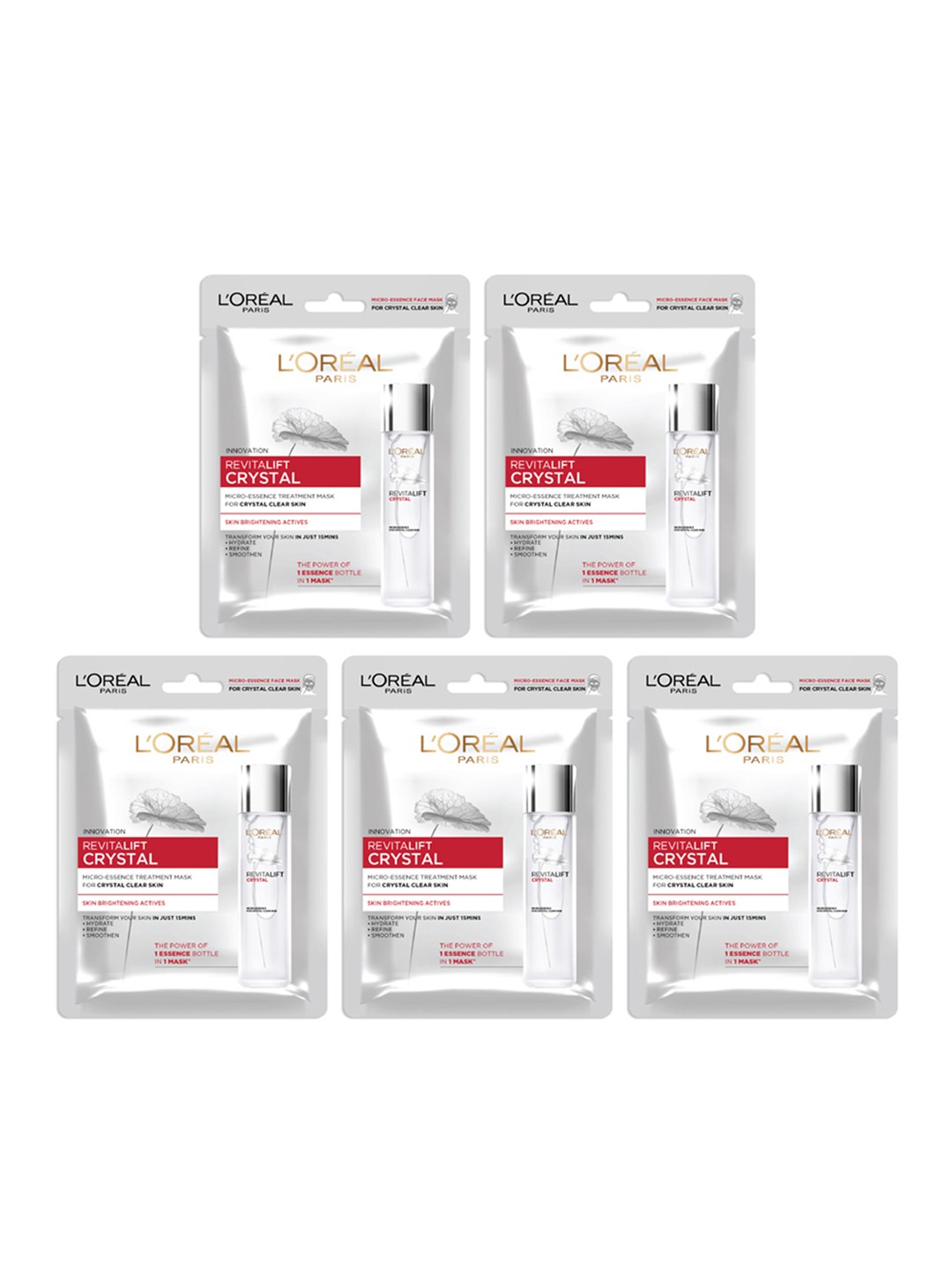 

LOreal Paris Set of 5 Revitalift Crystal Micro-Essence Treatment Sheet Mask with Skin Brightening Actives - 25g each, Silver