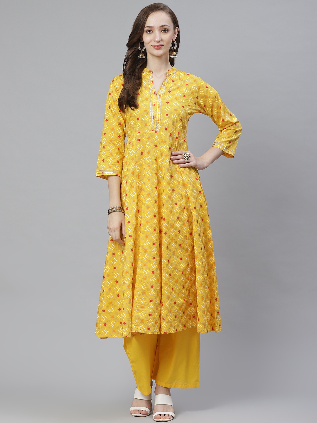 

Bhama Couture Women Yellow & Red Bandhani Screen Printed Anarkali Kurta with Palazzos