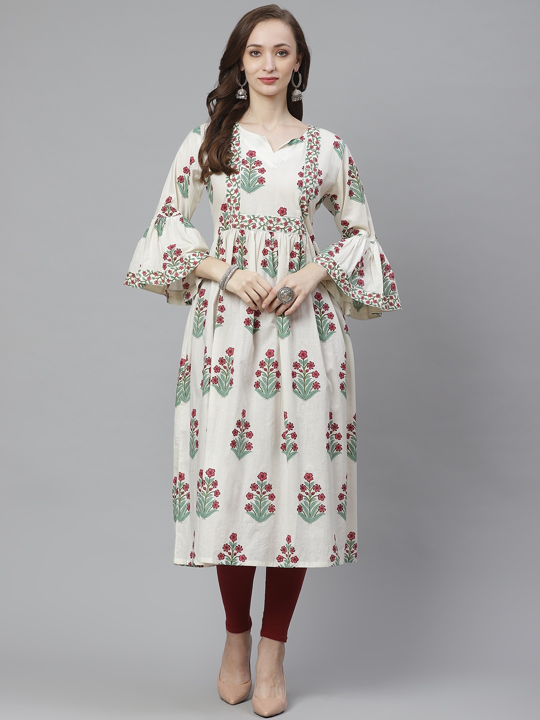 

Bhama Couture Women White & Green Floral Print A-Line Kurta