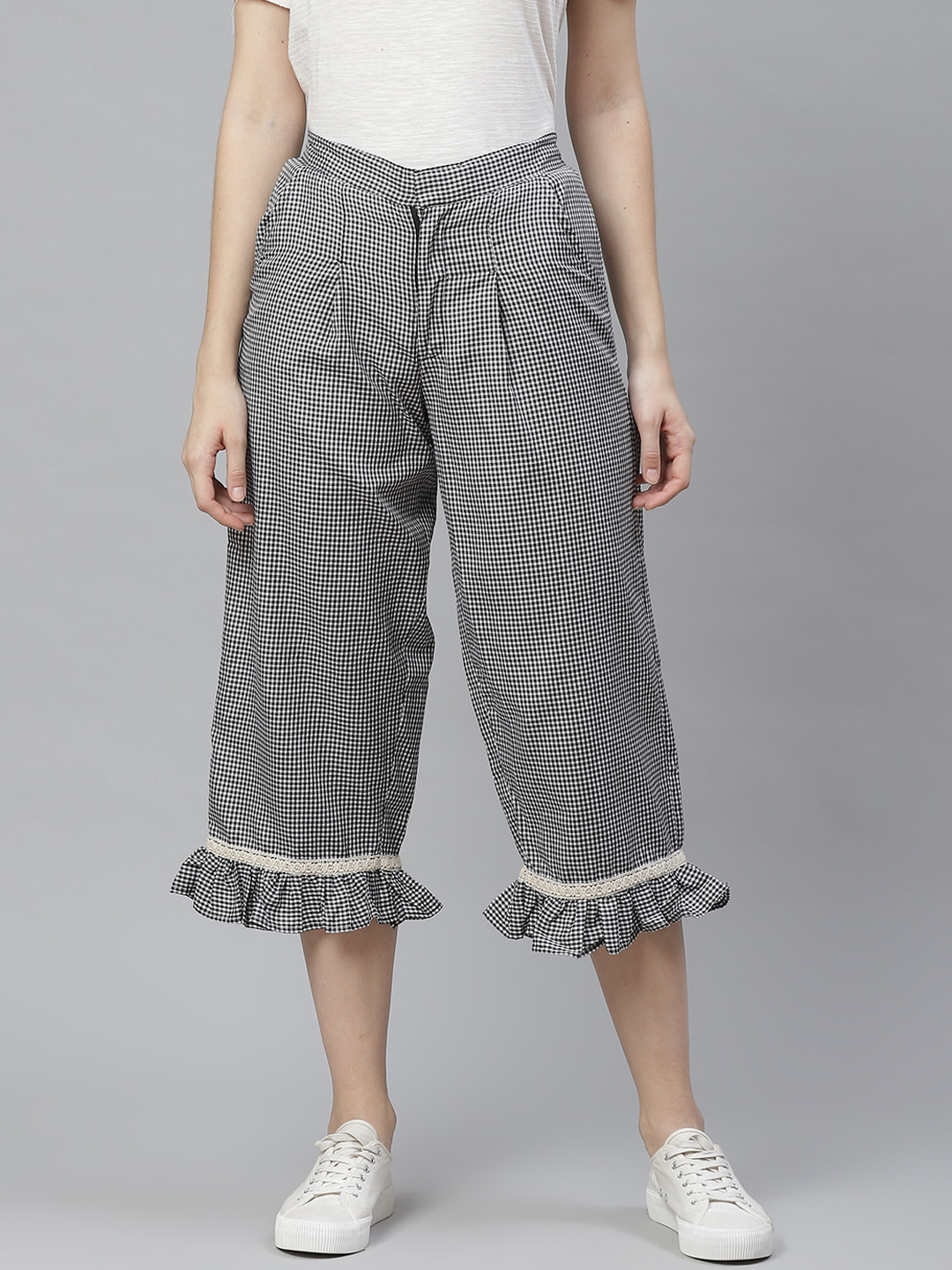 

Bhama Couture Women Black & White Smart Loose Fit Checked Culottes