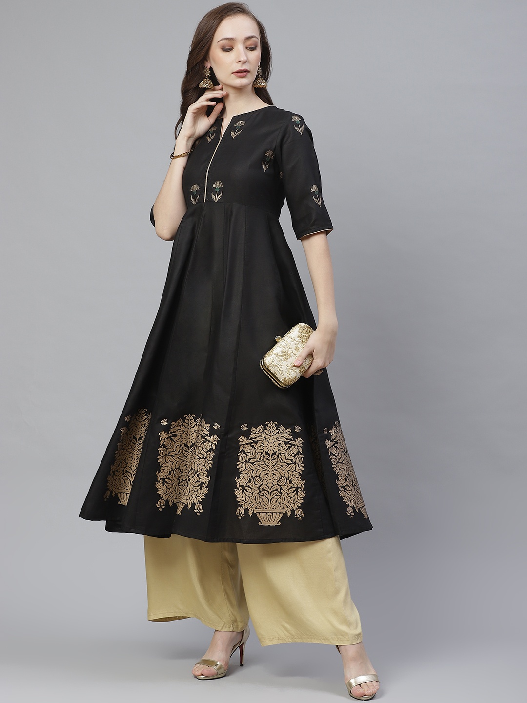 

Bhama Couture Women Black & Golden Ethnic Block Printed Anarkali Kurta