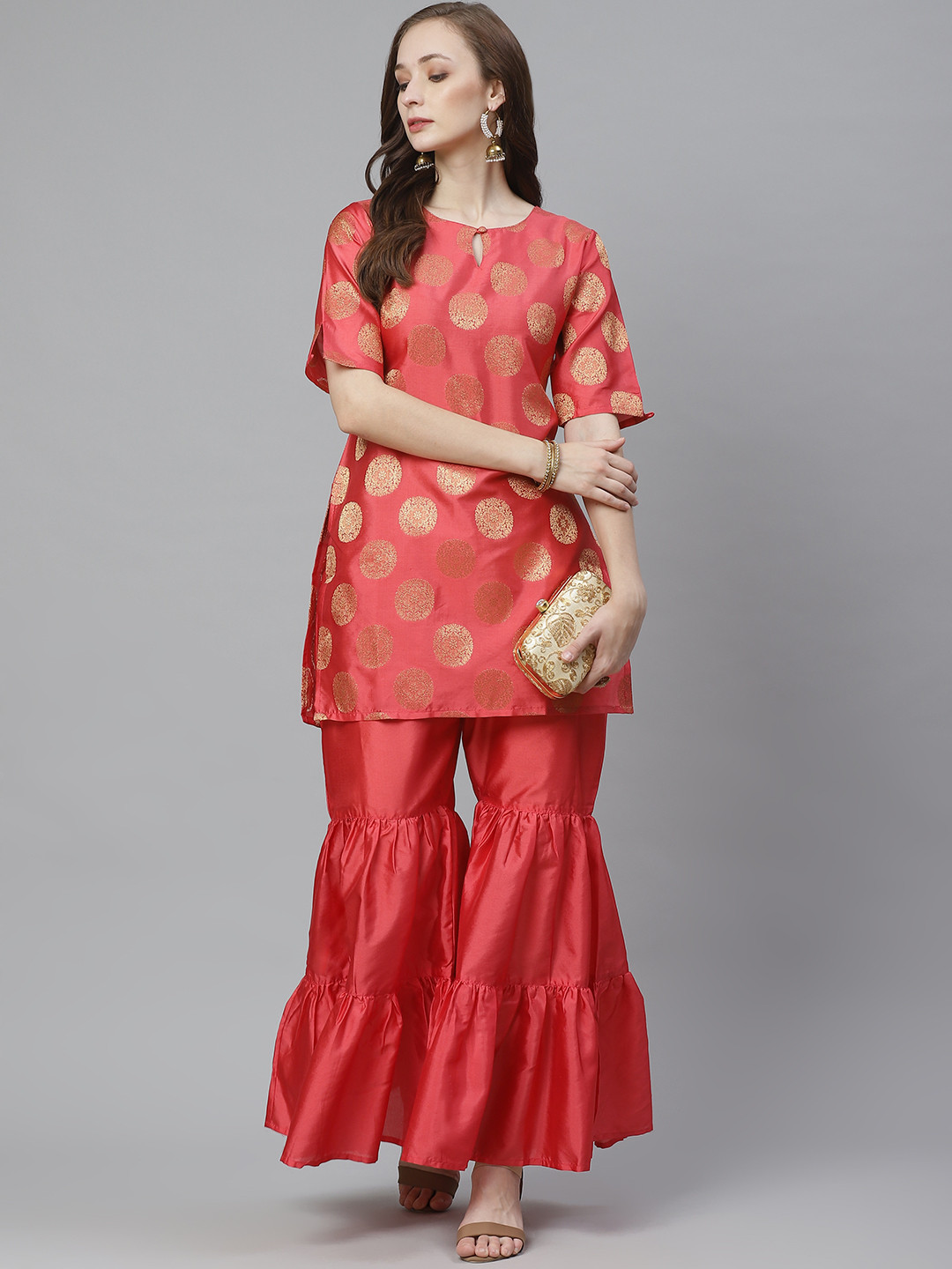 

Bhama Couture Women Coral Pink & Golden Woven Design Kurta with Sharara