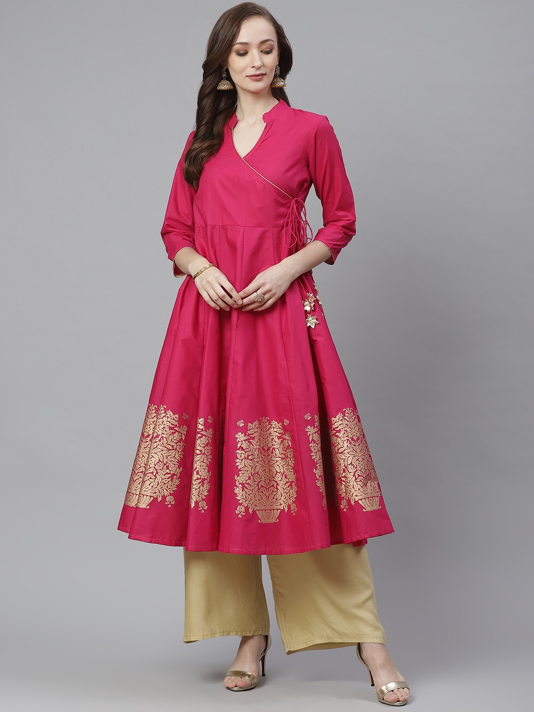 

Bhama Couture Women Pink & Gold-Toned Printed Anarkali Kurta