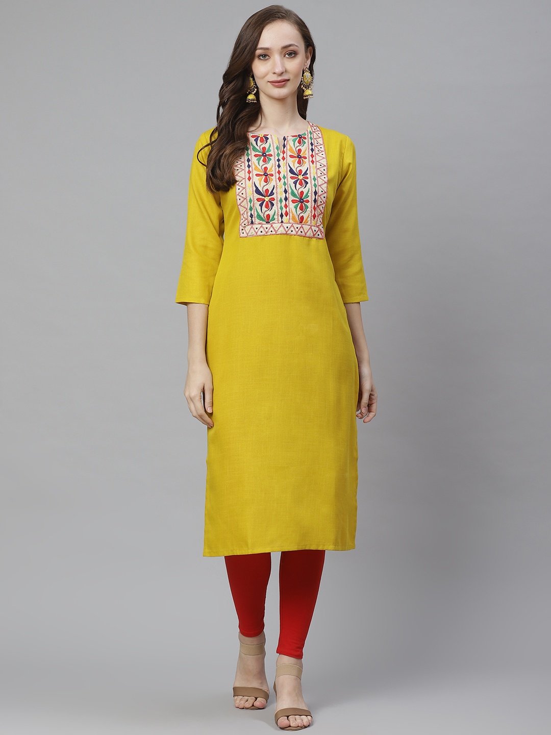 

Bhama Couture Women Mustard Yellow & White Solid Straight Kurta with Embroidered Detail