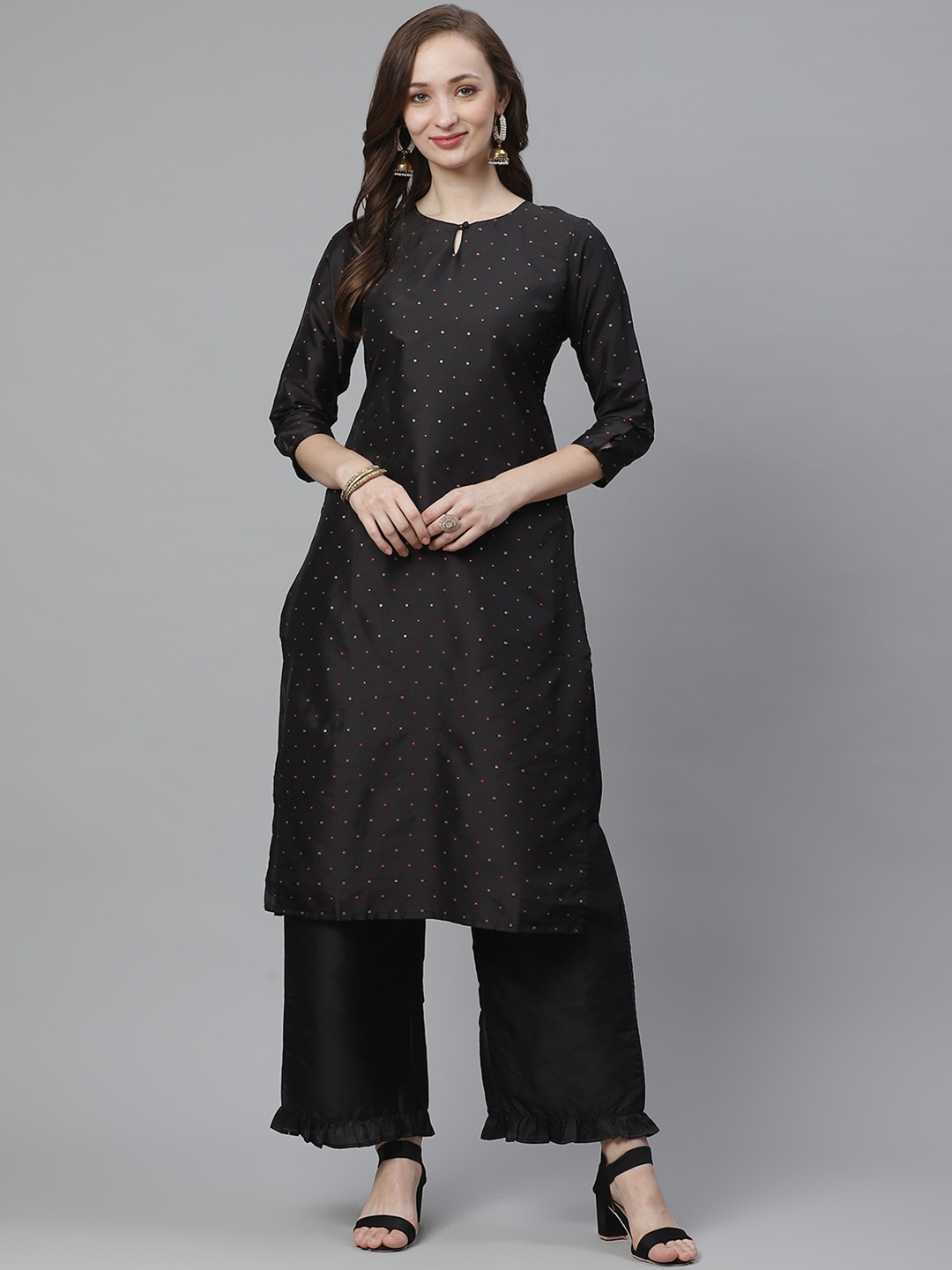 

Bhama Couture Women Black & Golden Micro Ditsy Woven Design Kurta with Palazzos