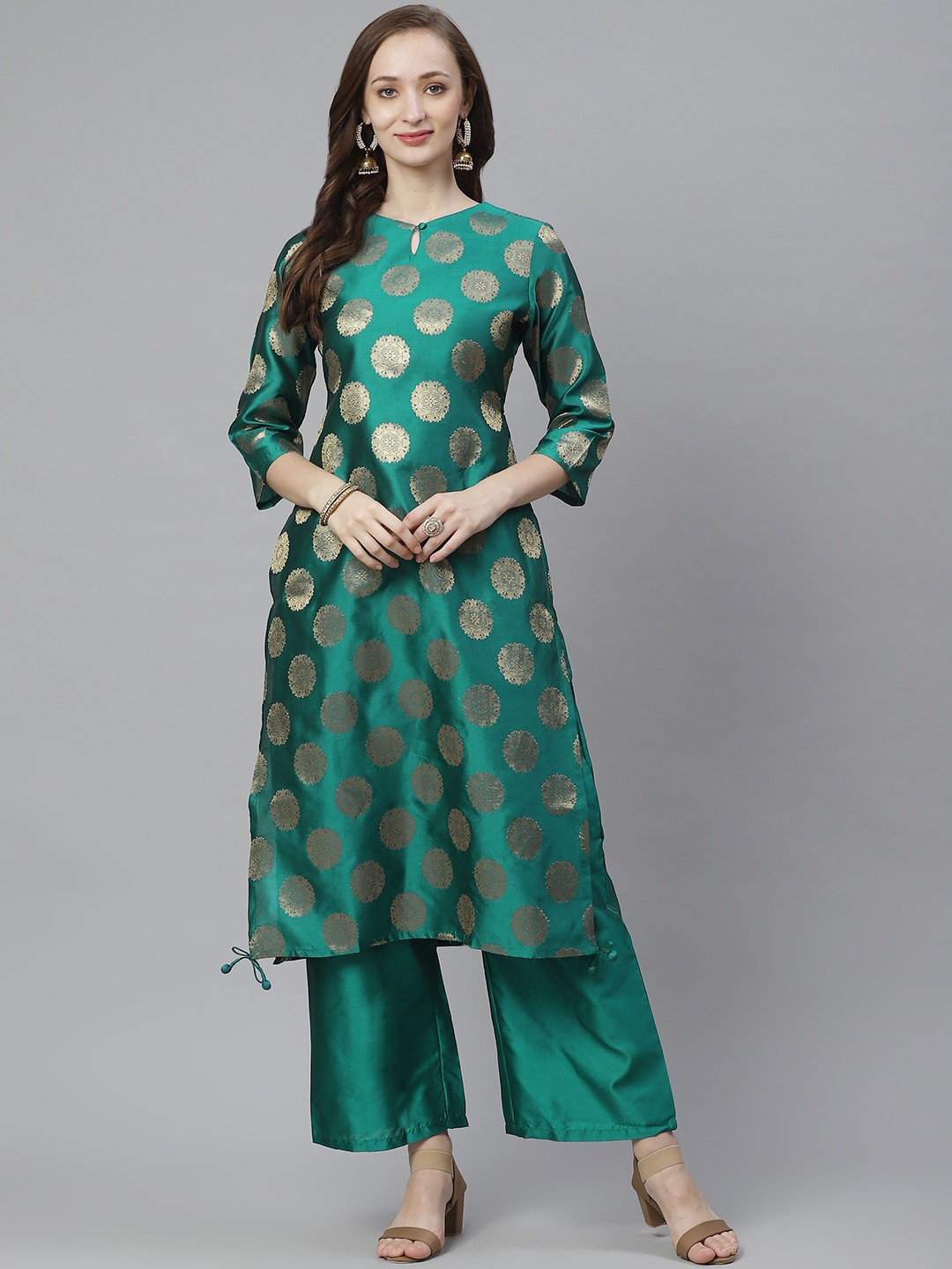 

Bhama Couture Women Teal Green & Golden Woven Design Kurta with Palazzos