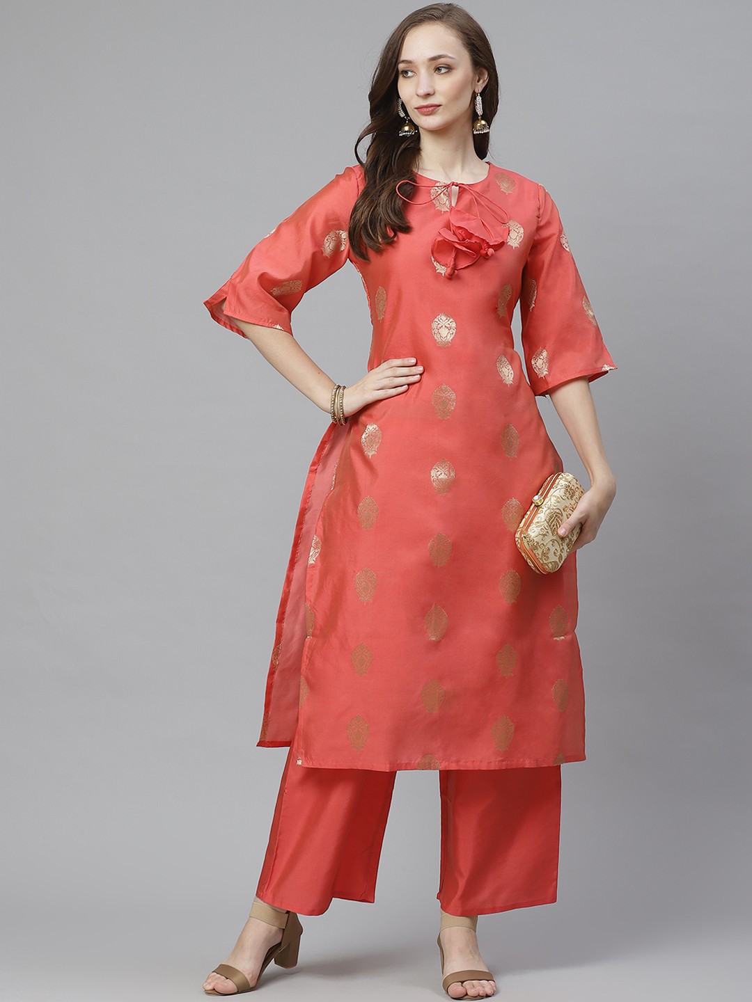 

Bhama Couture Women Coral Pink & Golden Woven Design Kurta with Palazzos