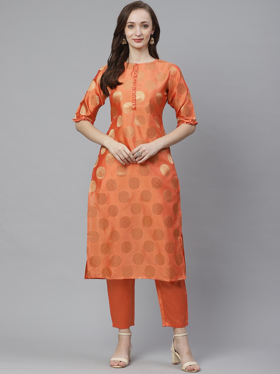 

Bhama Couture Women Orange & Golden Woven Design Kurta with Trousers