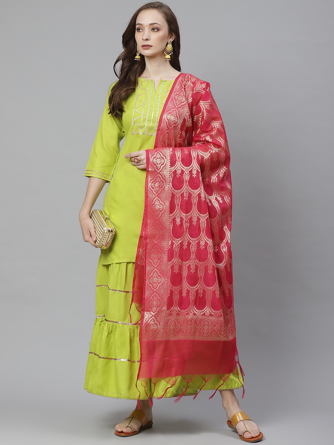 

Bhama Couture Women Lime Green & Pink Solid Kurta with Sharara & Dupatta