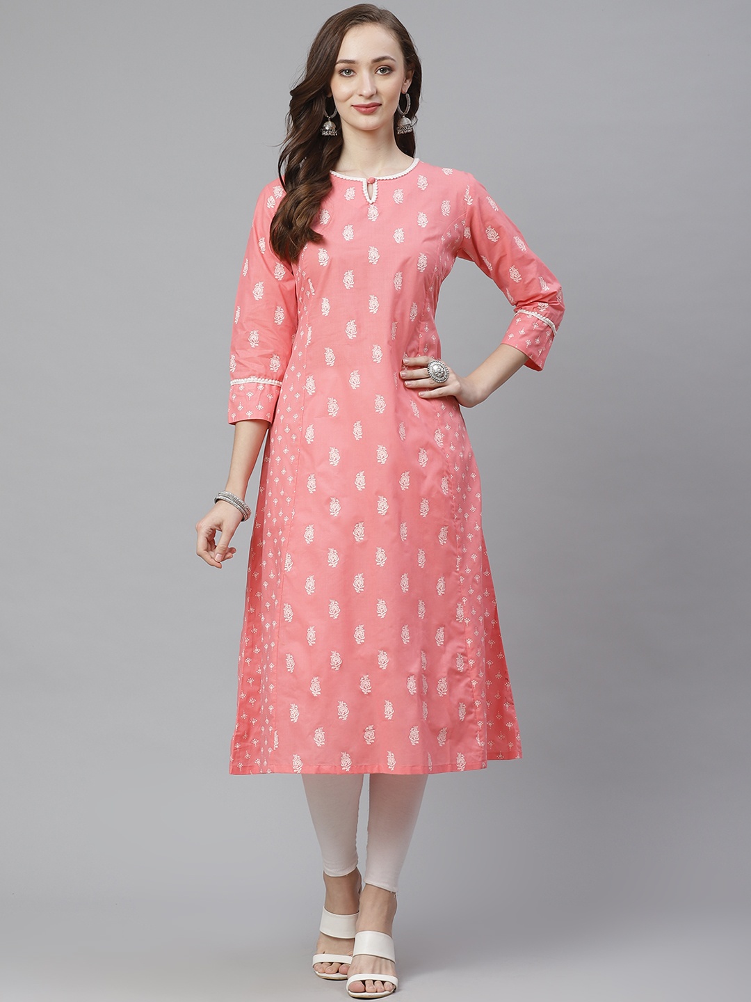 

Bhama Couture Women Pink & Off-White Ethic Motif Screen Print A-Line Kurta