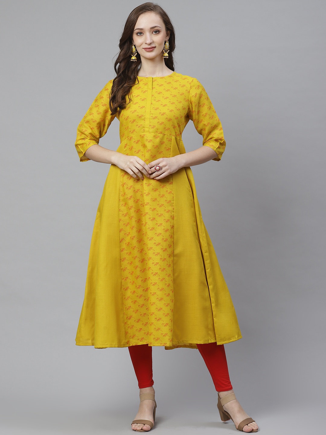 

Bhama Couture Women Mustard Yellow & Red Quirky Print Anarkali Kurta
