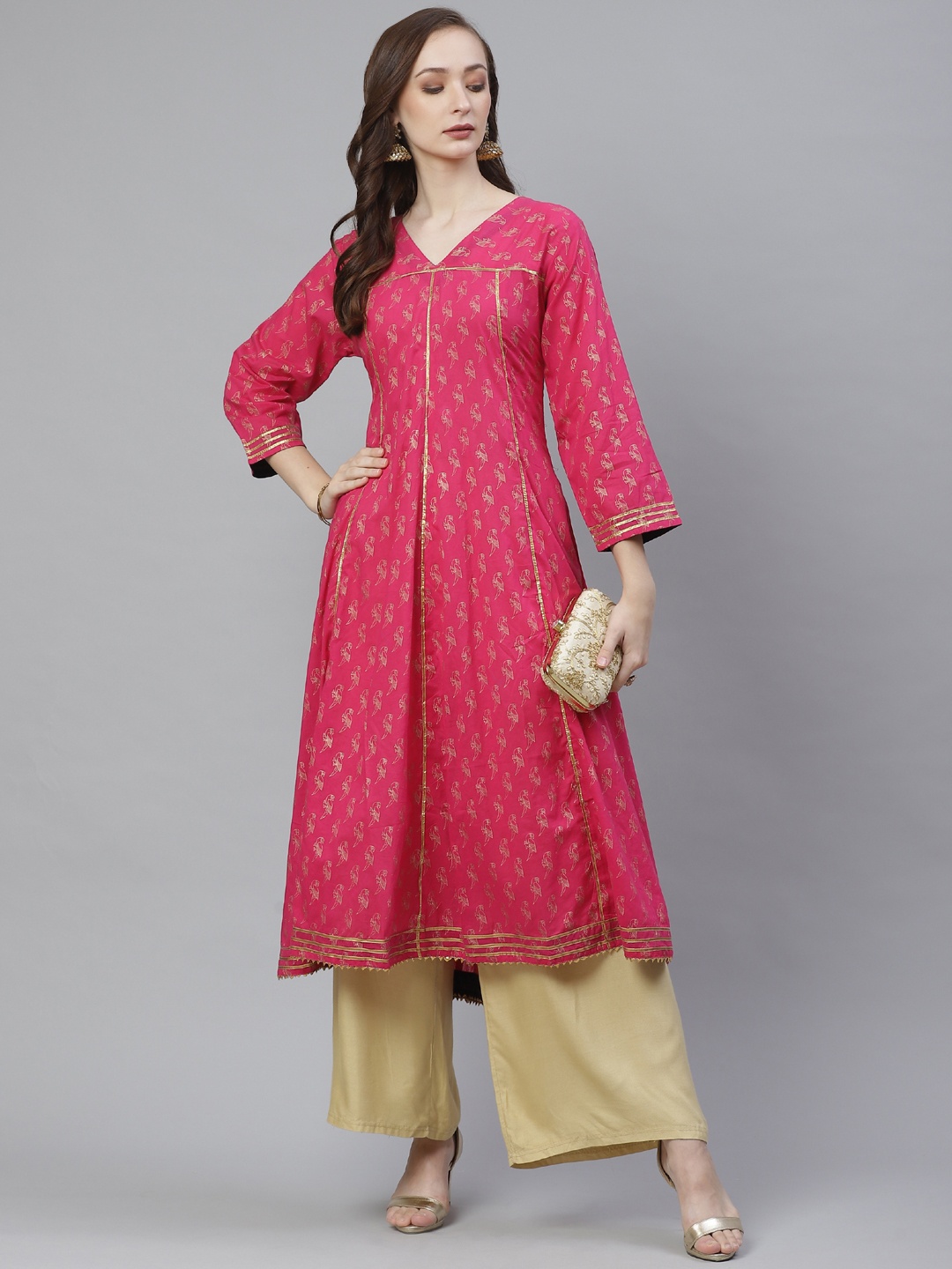 

Bhama Couture Women Pink & Golden Quirky Print Anarkali