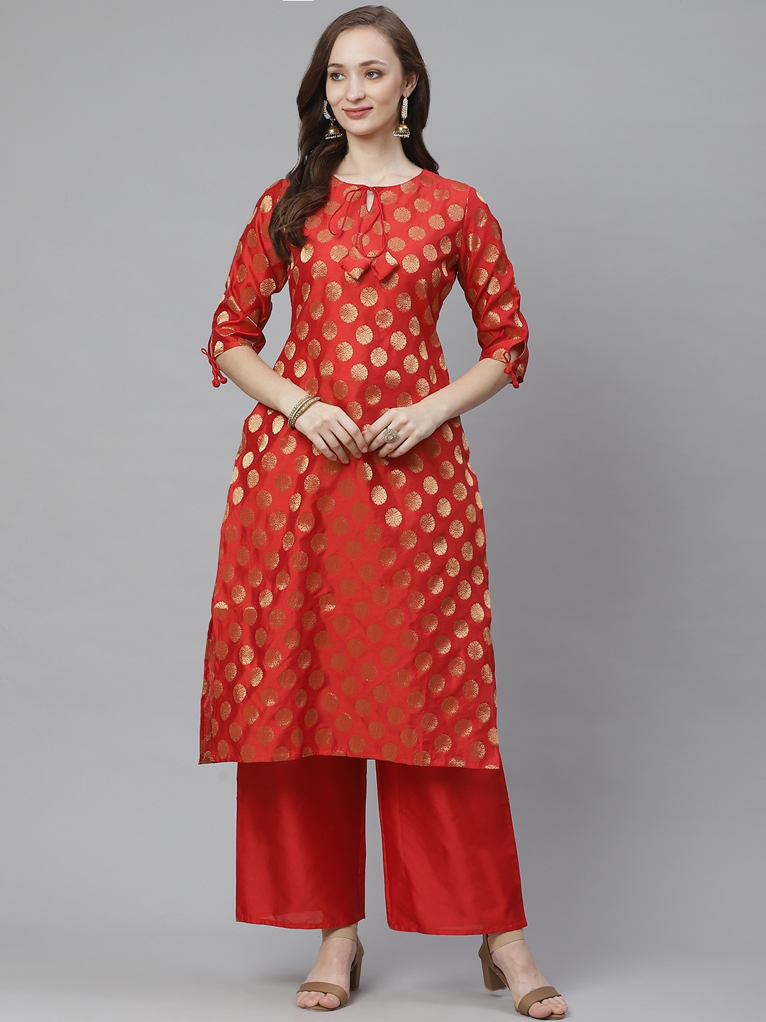 

Bhama Couture Women Red & Golden Woven Design Kurta with Palazzos