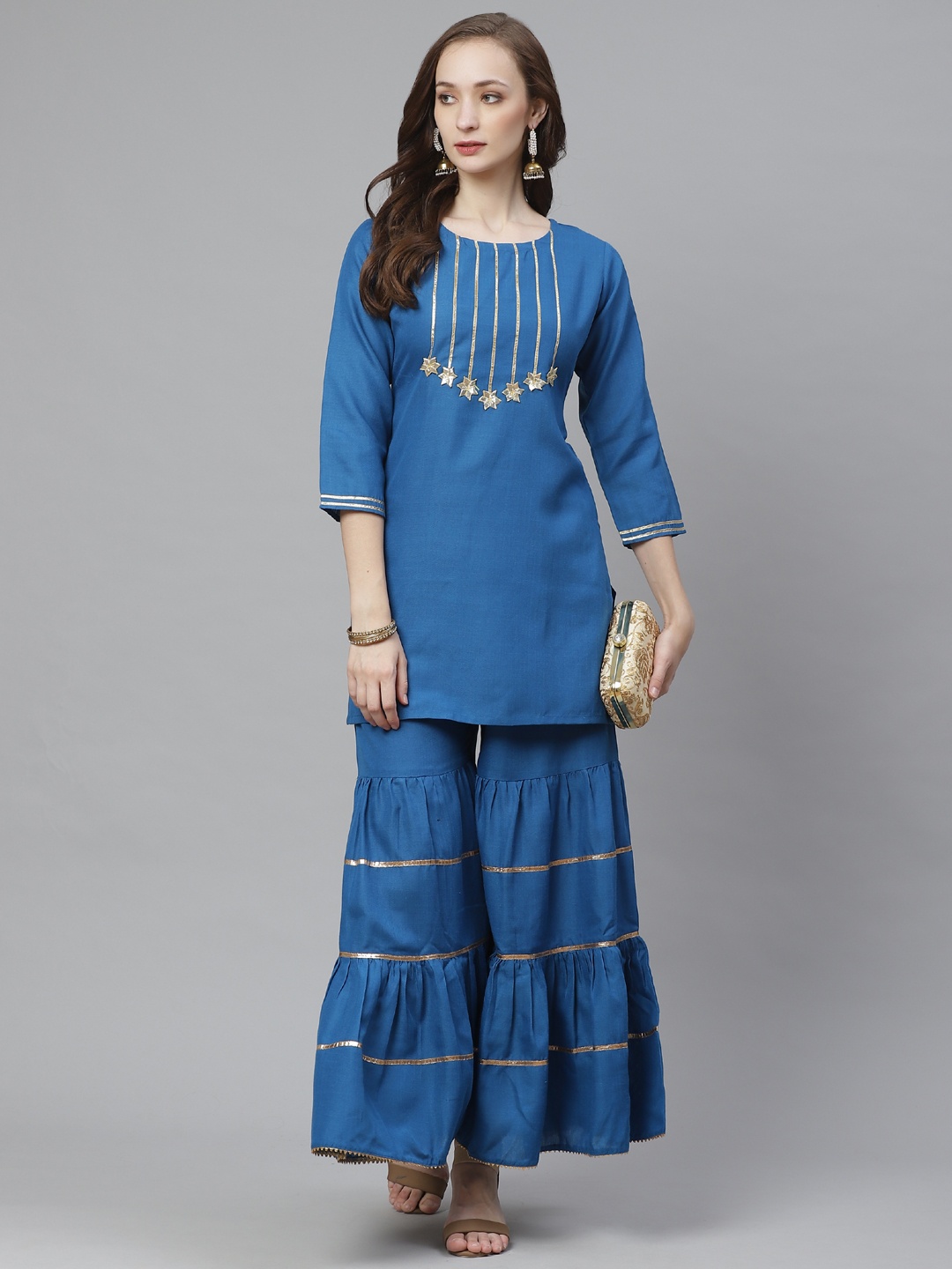 

Bhama Couture Women Teal Blue Gotta Patti Yoke Design Kurta with Sharara