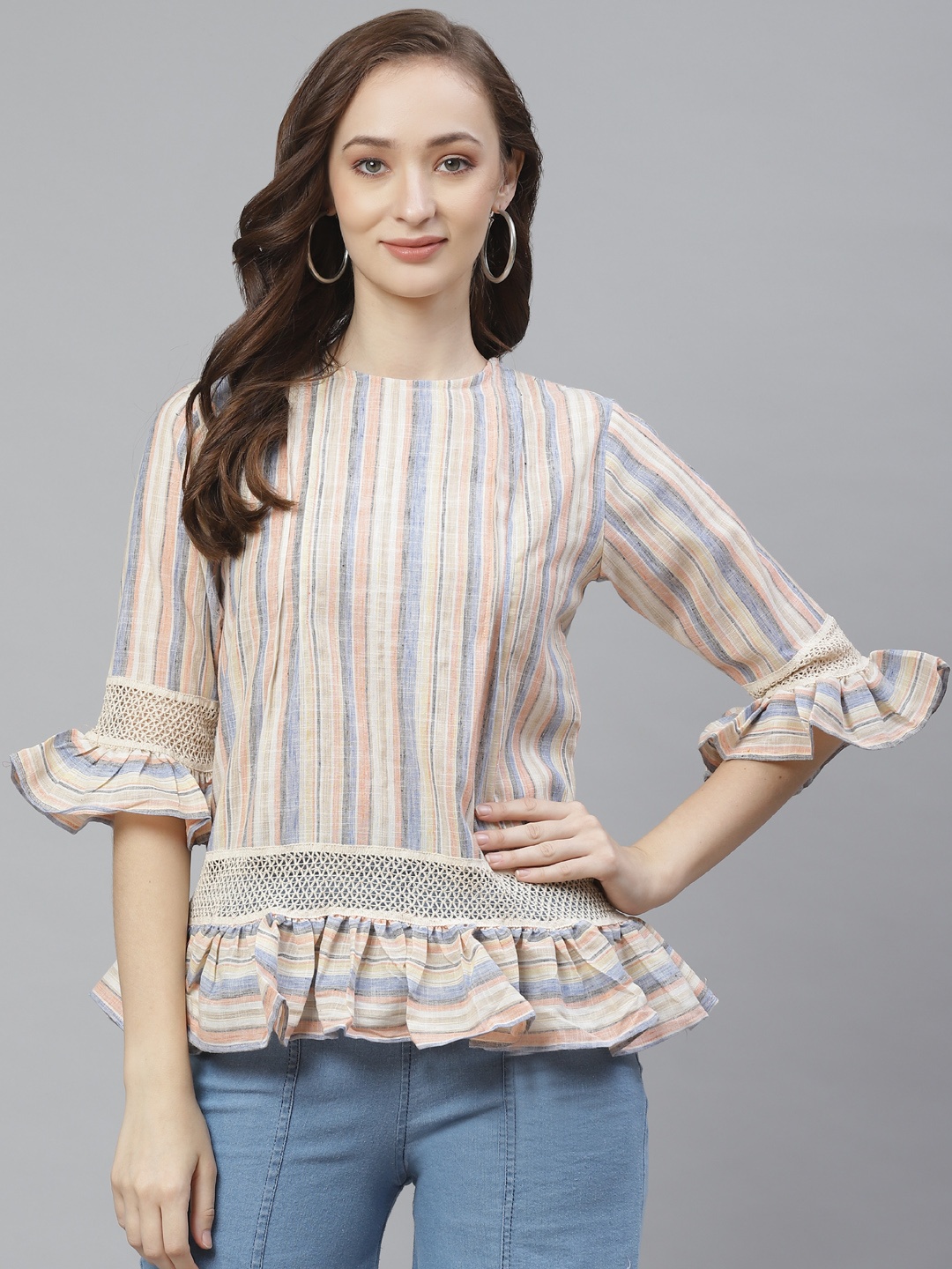 

Bhama Couture Women Off-White & Blue Striped Linen Top