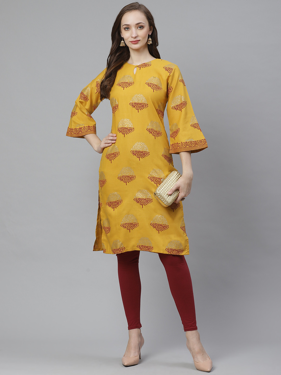

Bhama Couture Women Mustard Yellow & Maroon Ethnic Motif Screen Print Straight Kurta