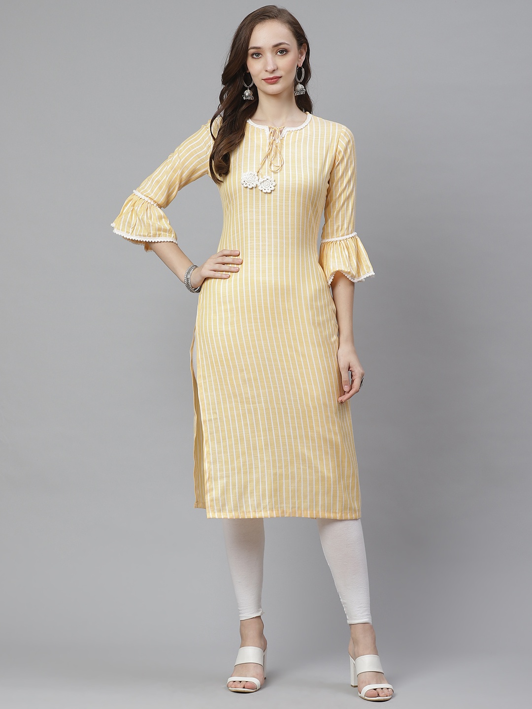 

Bhama Couture Women Yellow & White Striped Straight Kurta
