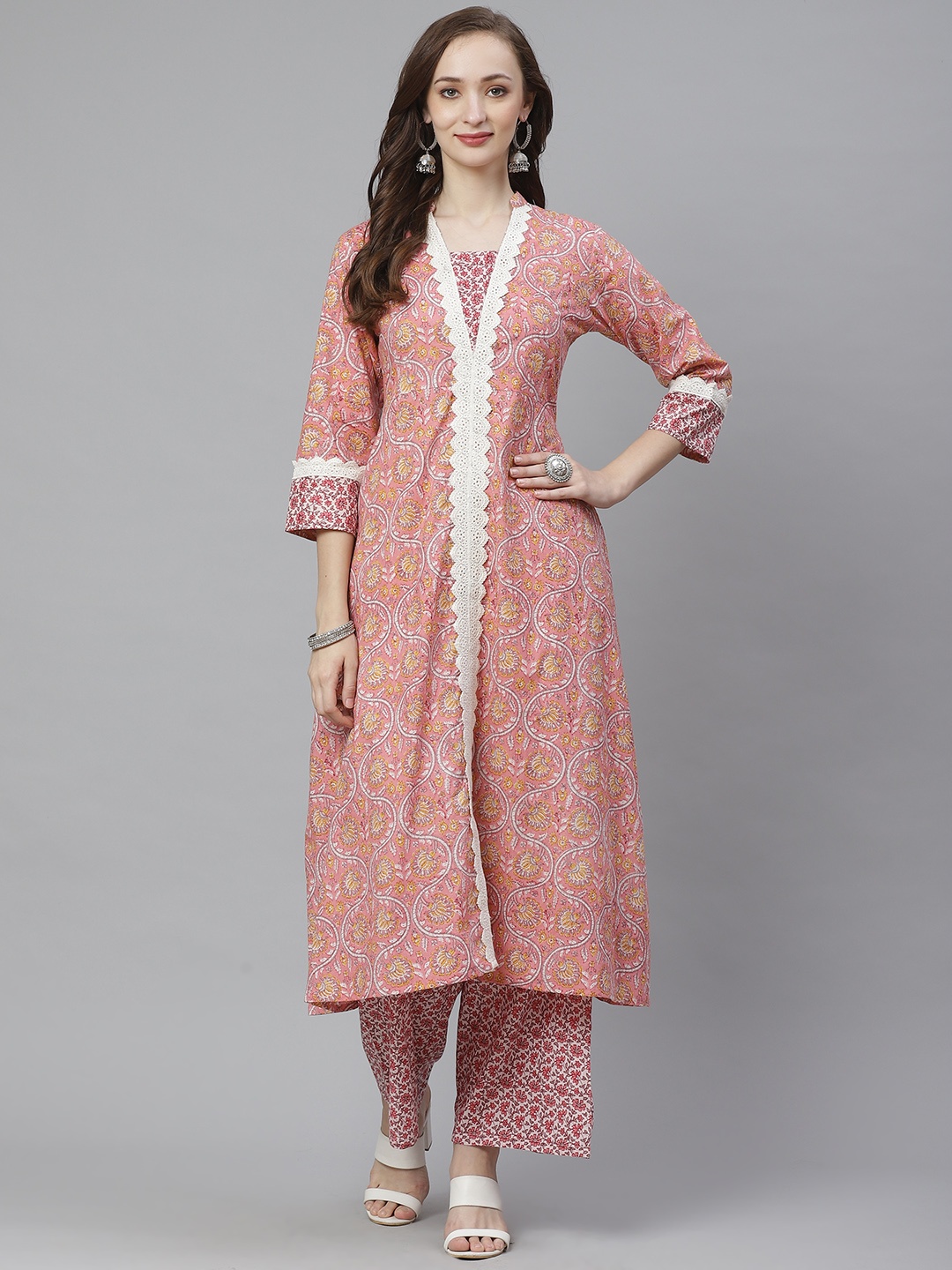 

Bhama Couture Women Pink & White Printed Kurta with Palazzos