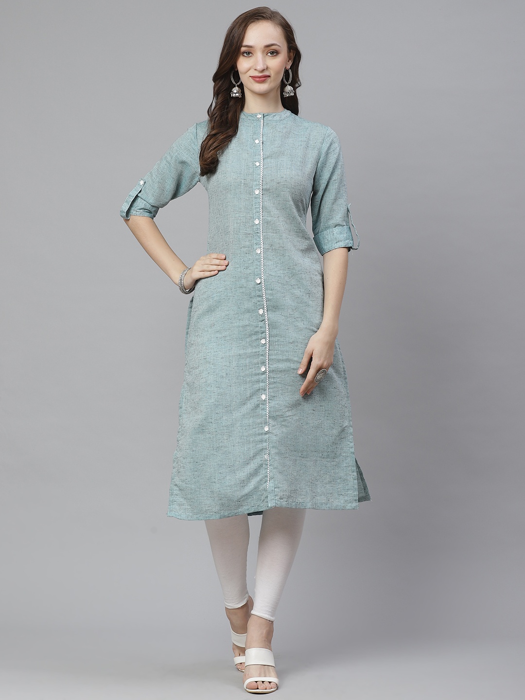 

Bhama Couture Women Green Striped Kurta with Lace Detail
