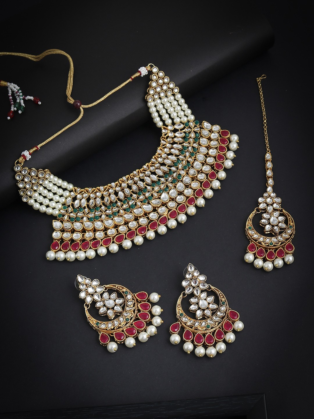 

Sukkhi Gold-Plated Red & White Kundan & Pearl Embellished Jewellery Set