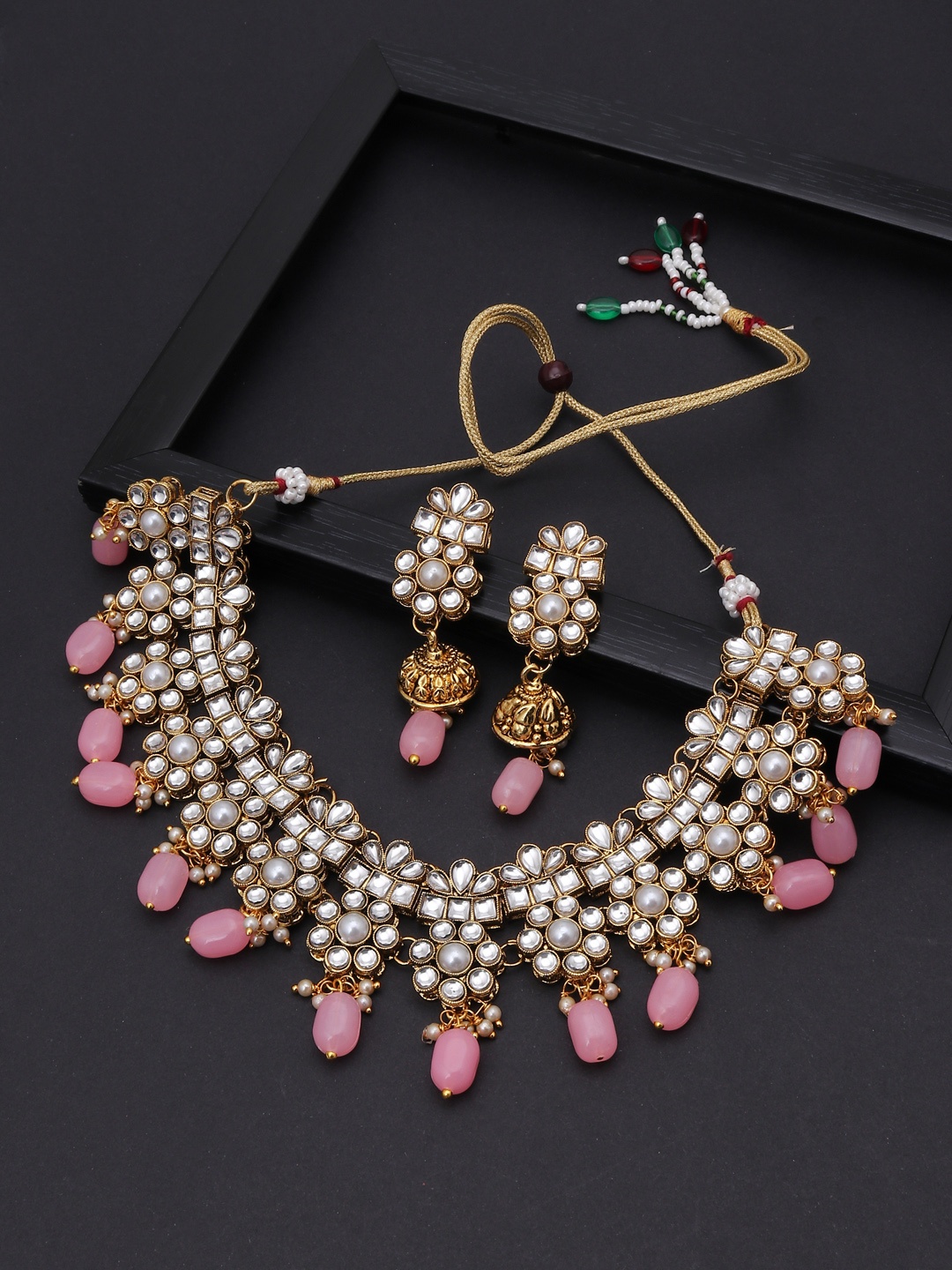 

Sukkhi Gold-Plated Pink & White Kundan-Studded Pearl-Beaded Choker Jewellery Set