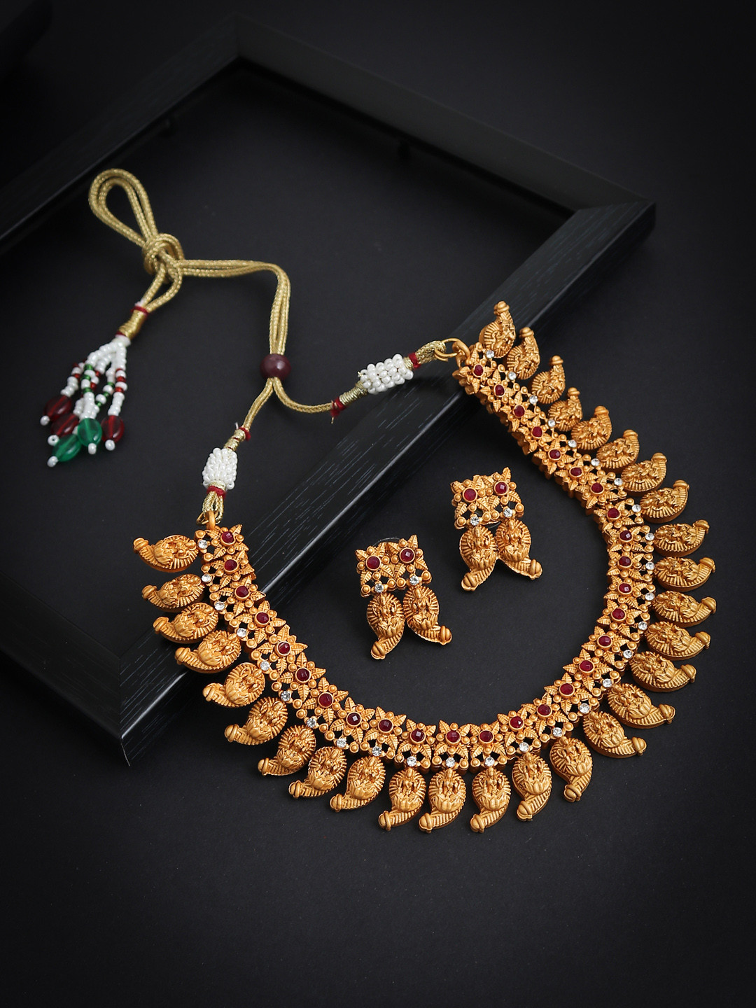 

Sukkhi Gold-Plated Red & White Stone-Studded Goddess Laxmi Temple Jewellery Set