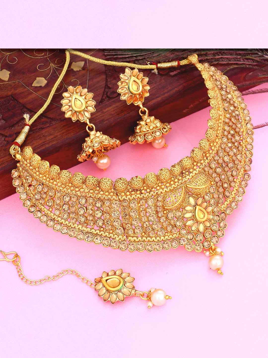 

Sukkhi LCT Gold-Plated Beige Stone-Studded Jewellery Set