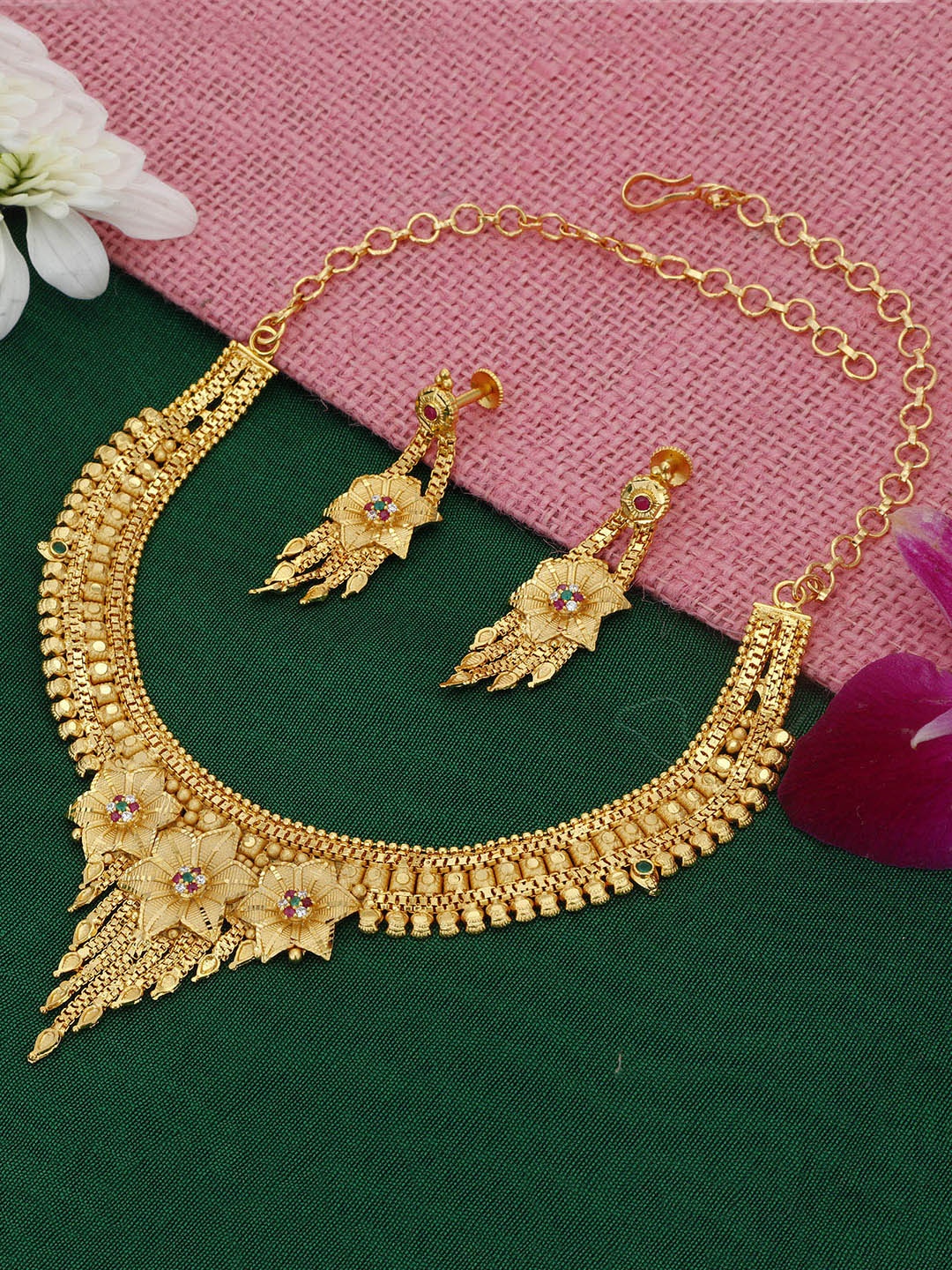 

Sukkhi 24 Carat Gold-Plated Red & Green Stone-Studded Jewellery Set