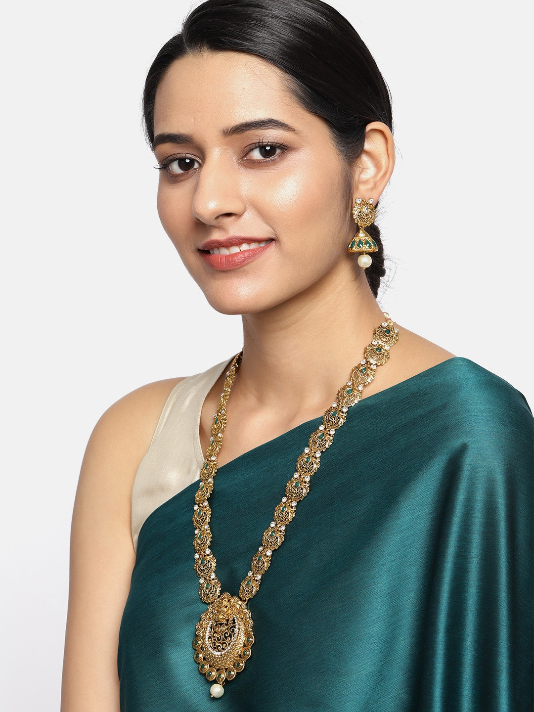 

Sukkhi Gold-Plated Green & White Austrian Diamond-Studded Temple Jewellery Set