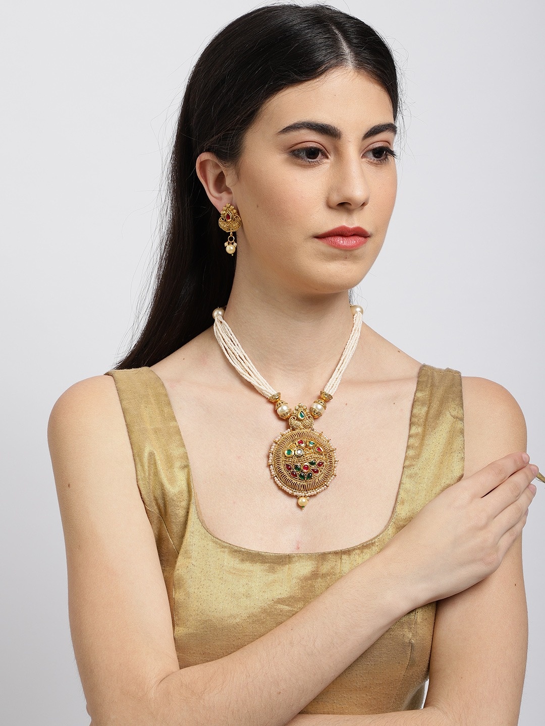 

Sukkhi Gold-Plated White & Red Stone-Studded Pearl Antique Jewellery Set