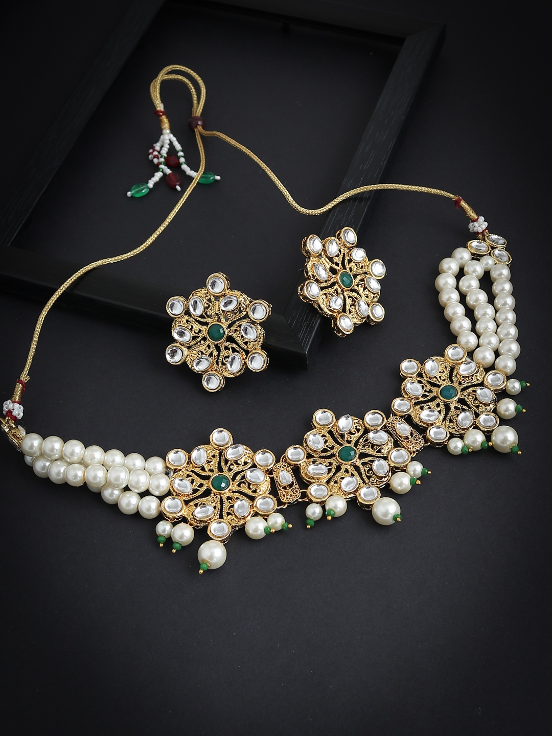 

Sukkhi Gold-Plated White & Green Kundan-Studded Pearl Antique Jewellery Set