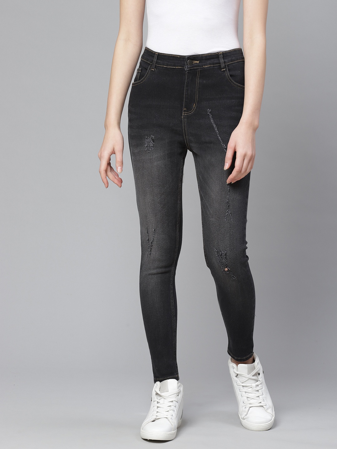 

Hubberholme Women Charcoal Grey Slim Mid-Rise Mildly Distressed Stretchable Jeans