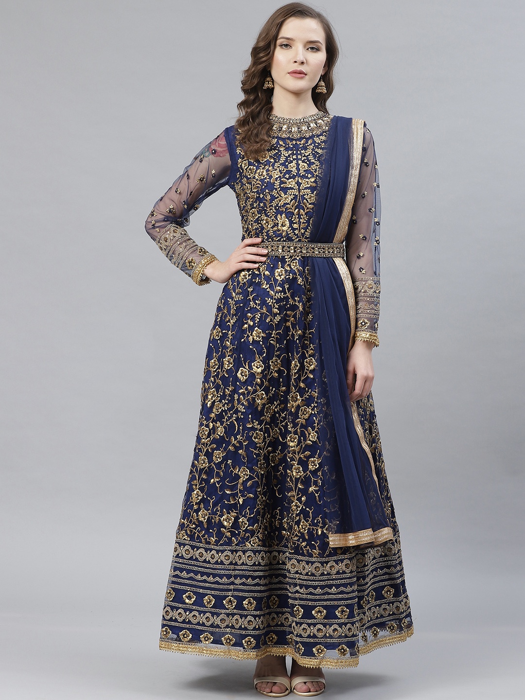 

Readiprint Fashions Navy Blue & Golden Embroidered Net Semi-Stitched Dress Material