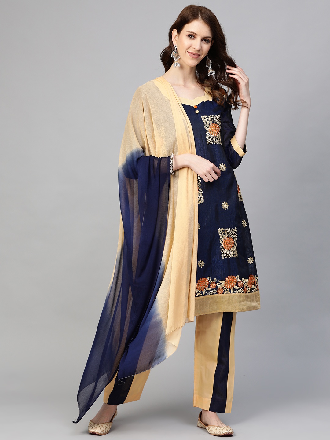 

Readiprint Fashions Navy Blue & Beige Chanderi Silk Unstitched Dress Material