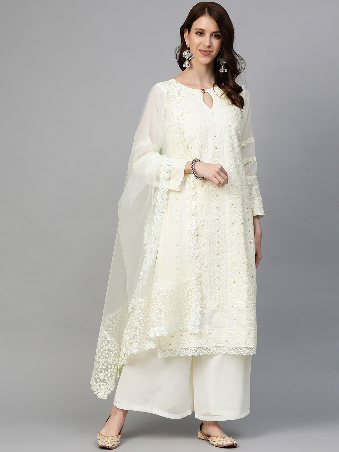 

Readiprint Fashions Off-White Georgette Embroidered Semi-Stitched Dress Material