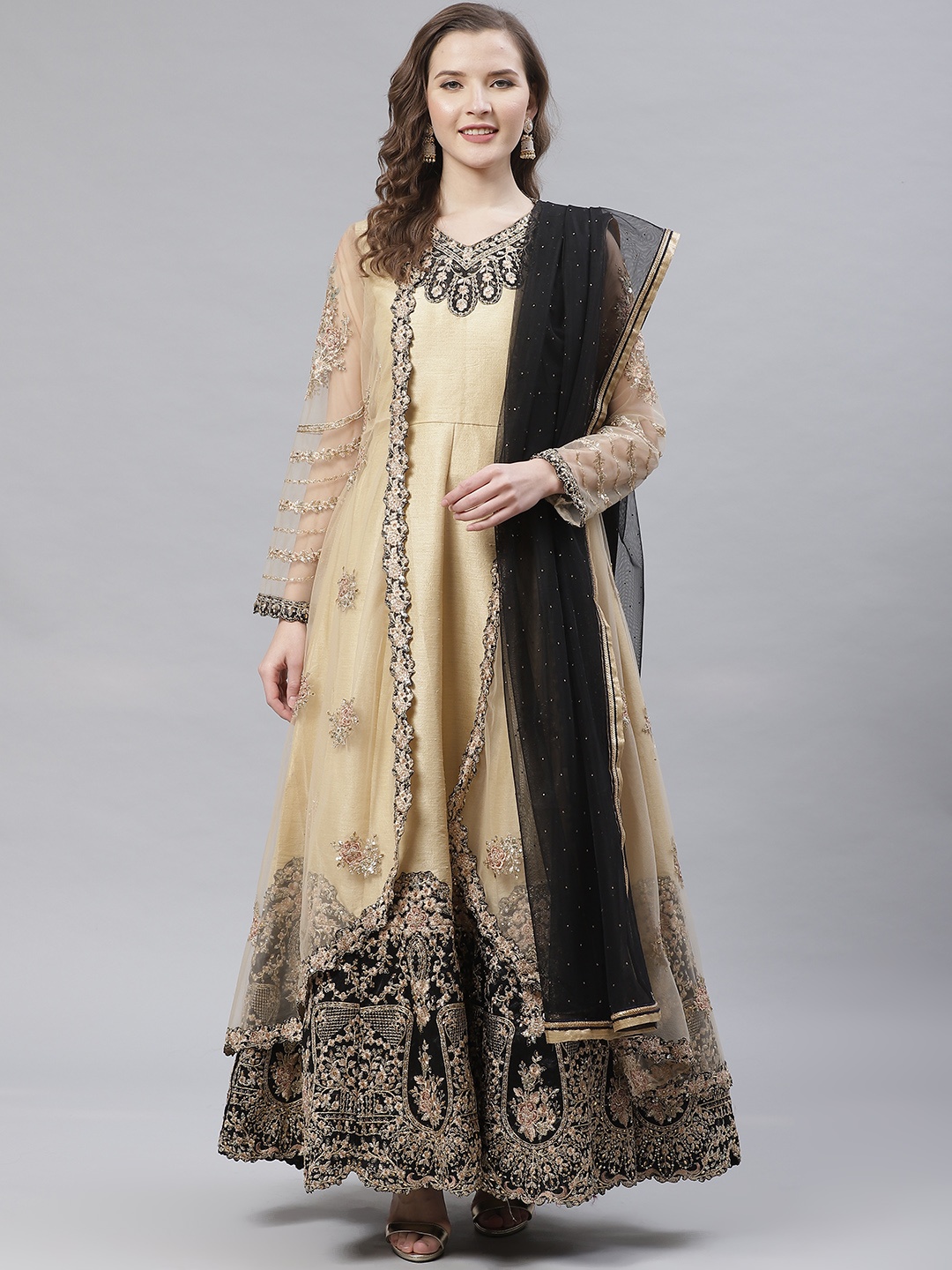 

Readiprint Fashions Beige & Black Zari Embroidered Semi-Stitched Dress Material