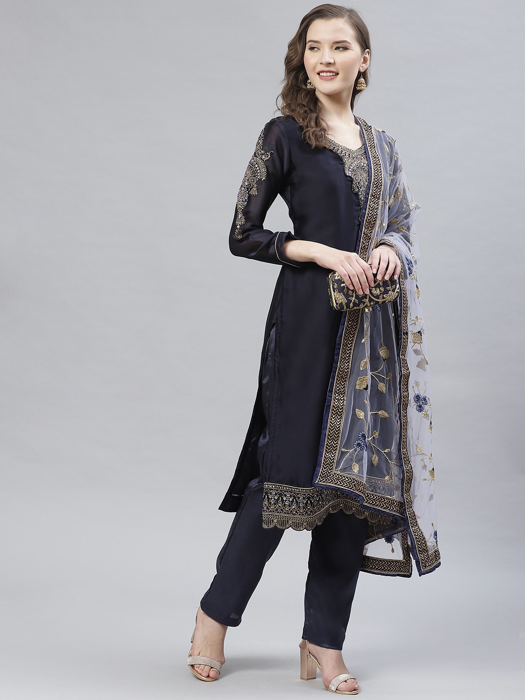 

Readiprint Fashions Navy Blue & Golden Yoke Design Semi-Stitched Dress Material