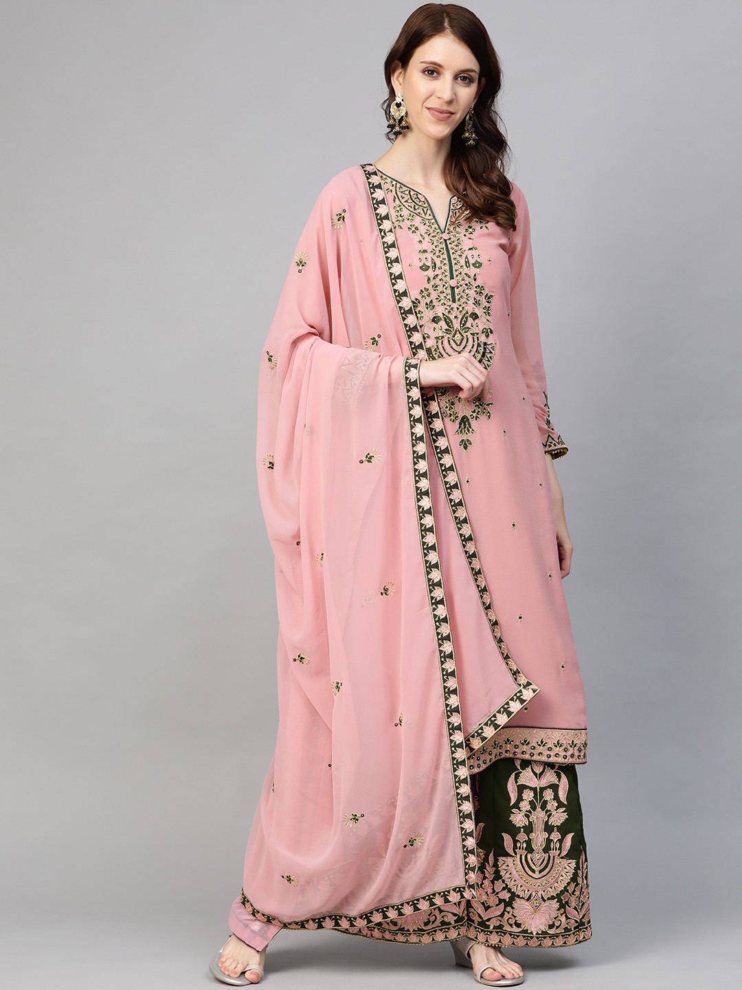 

Readiprint Fashions Pink & Olive Green Embroidered Semi-Stitched Dress Material