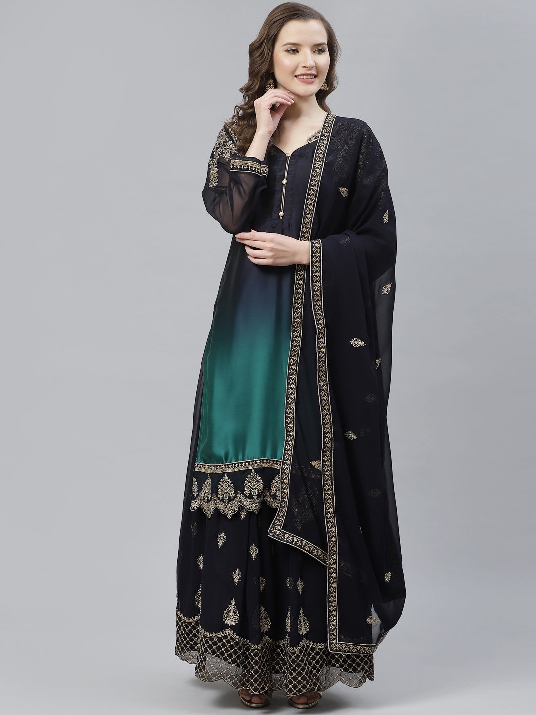 

Readiprint Fashions Navy Blue & Teal Green Zari Embroidered Semi-Stitched Dress Material