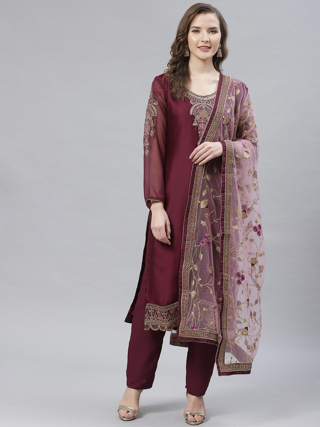 

Readiprint Fashions Wine-coloured & Golden Yoke Design Semi-Stitched Dress Material, Burgundy