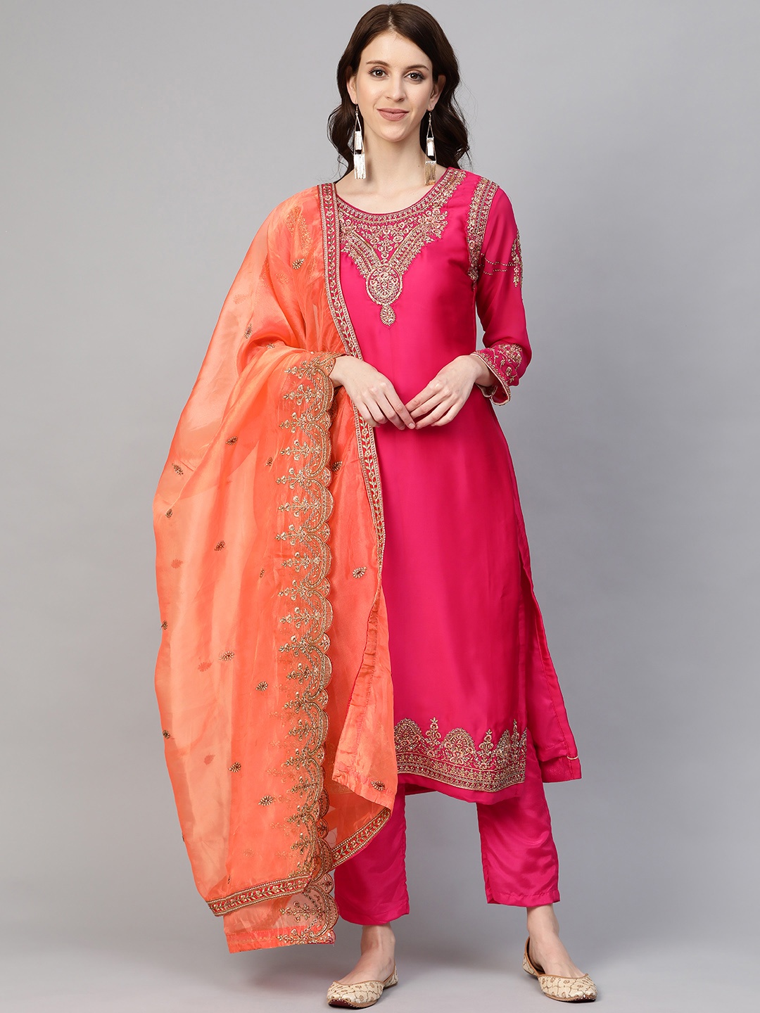 

Readiprint Fashions Magenta & Orange Yoke Design Semi-Stitched Dress Material