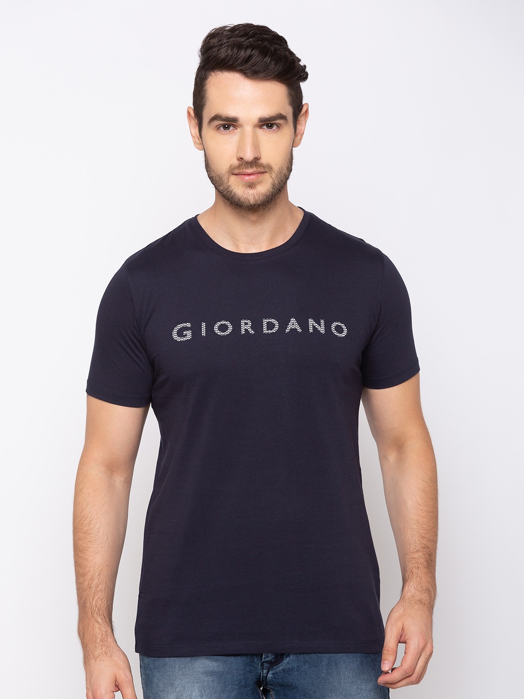 

GIORDANO Men Navy Blue Slim Fit Printed Round Neck T-shirt