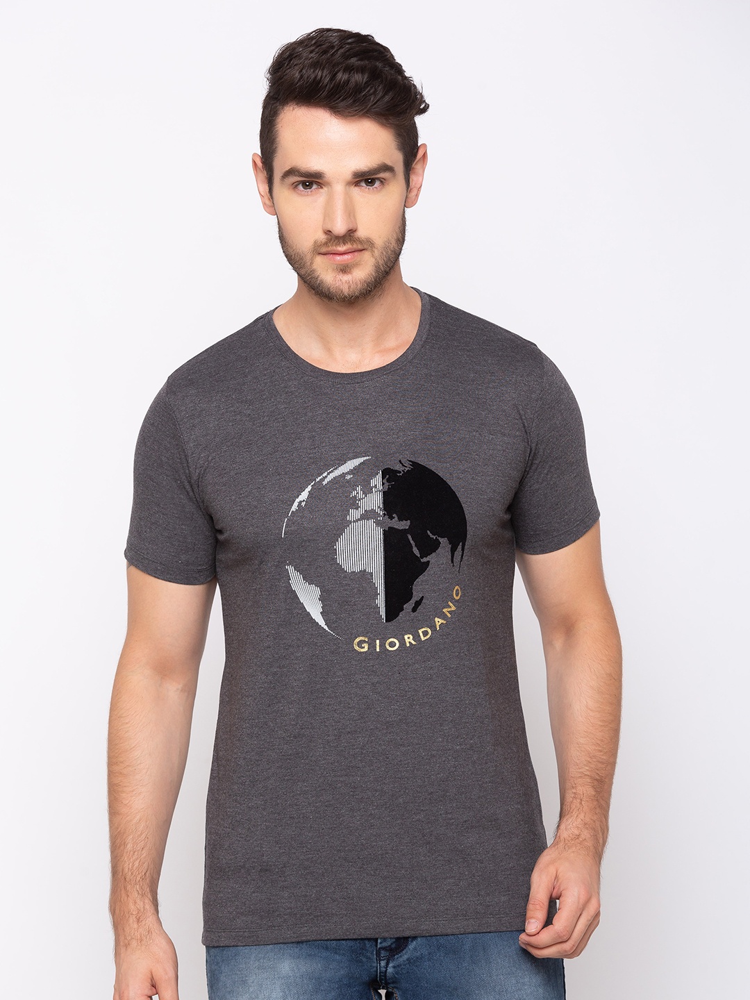 

GIORDANO Men Grey Slim Fit Printed Round Neck T-shirt