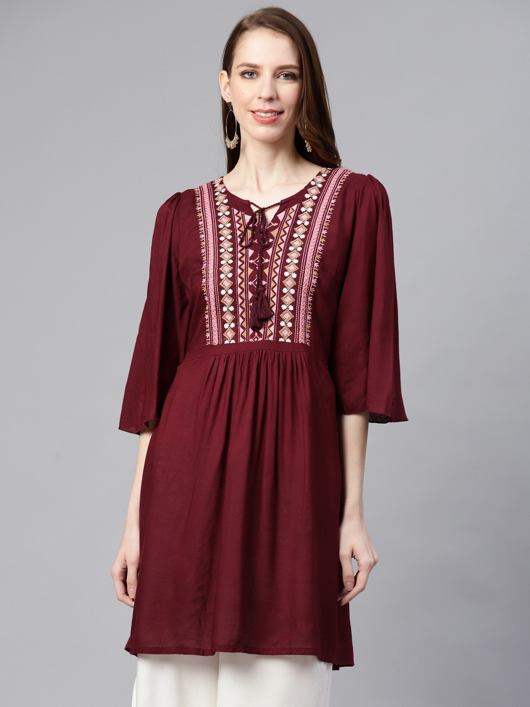 

plusS Women Burgundy & Pink Yoke Design A-Line Kurta