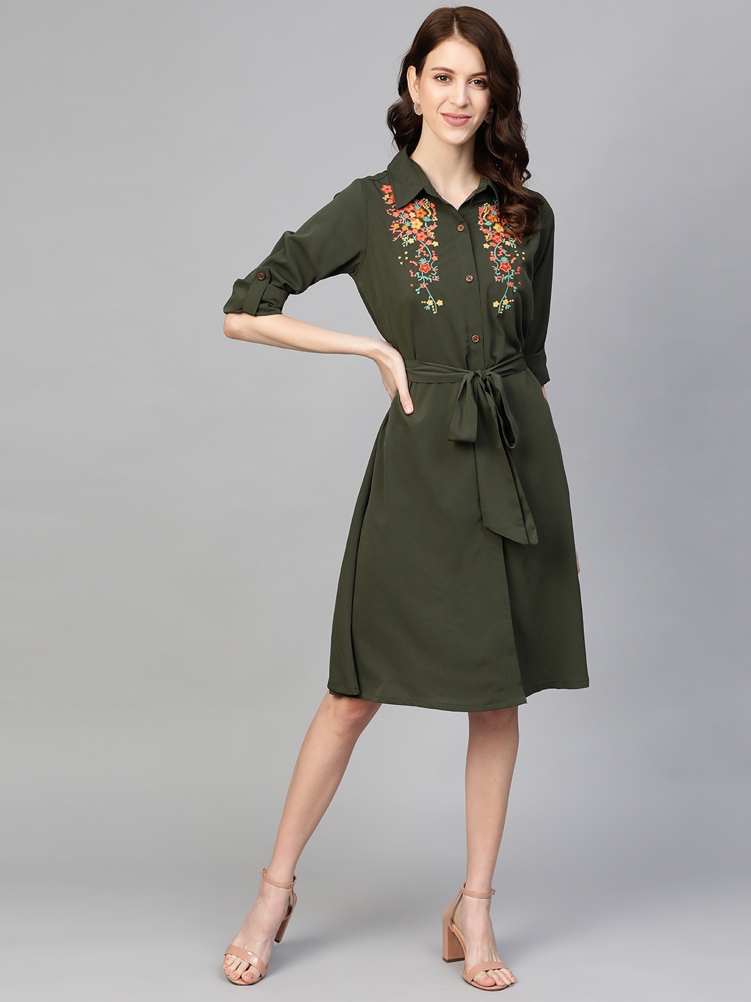 

plusS Women Olive Green Solid Shirt Dress with Embroidered Detail & Belt