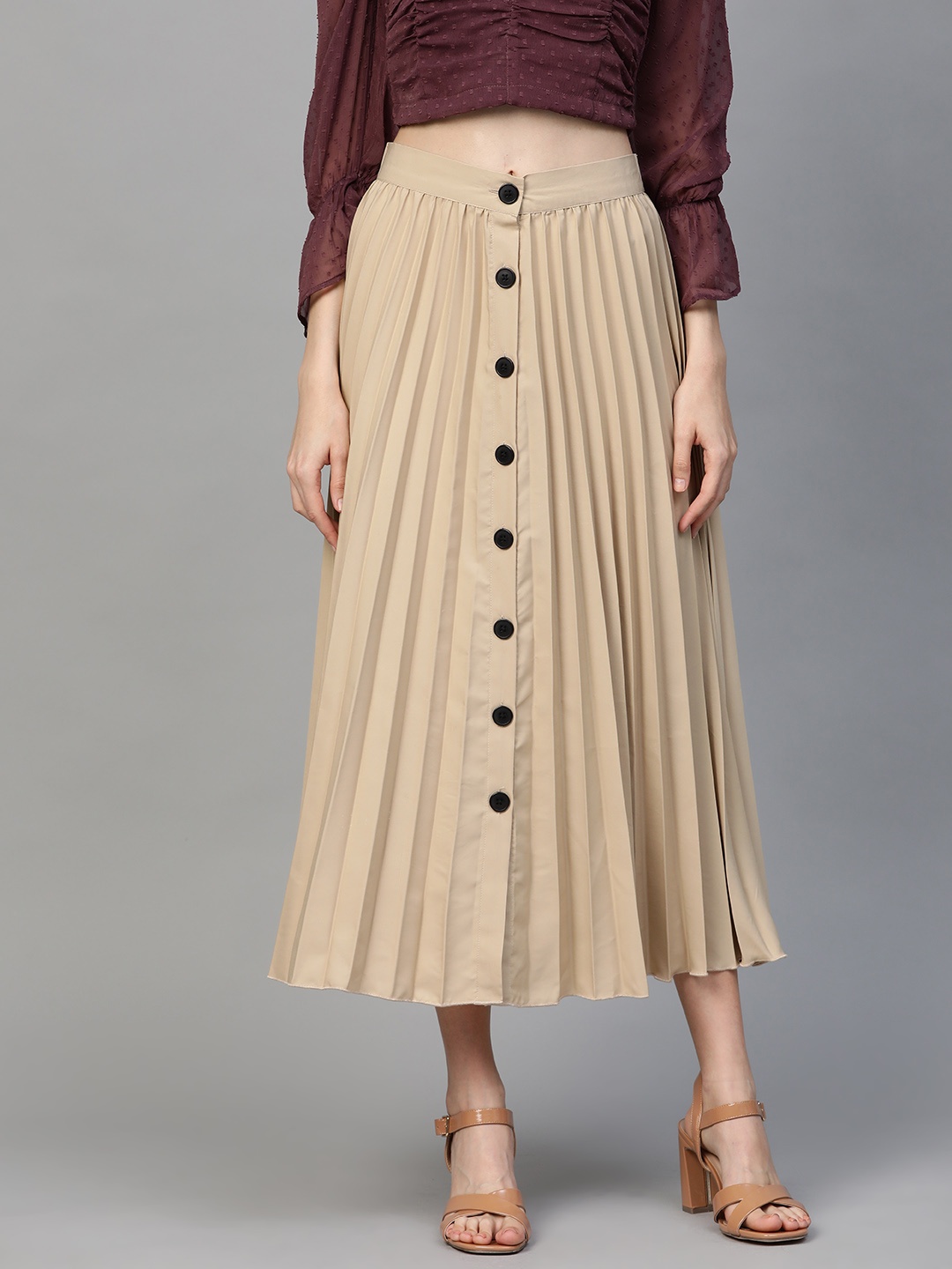 

plusS Women Beige Solid Accordion Pleated A-Line Skirt