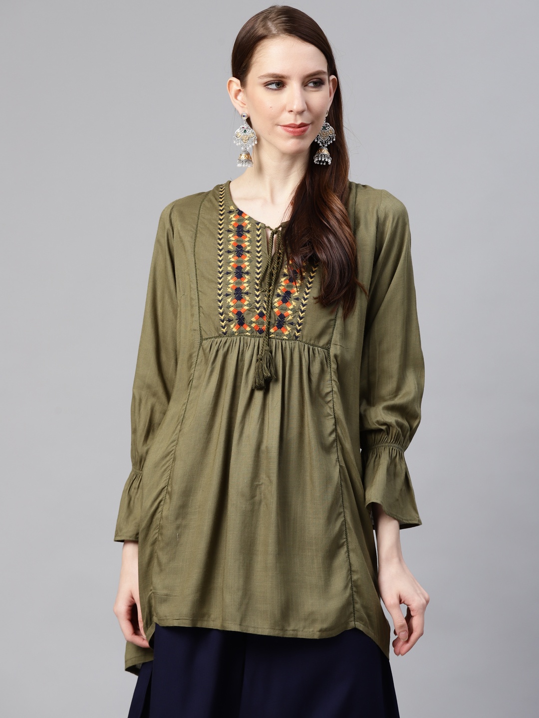 

plusS Women Olive Green Yoke Design High-Low A-Line Kurta