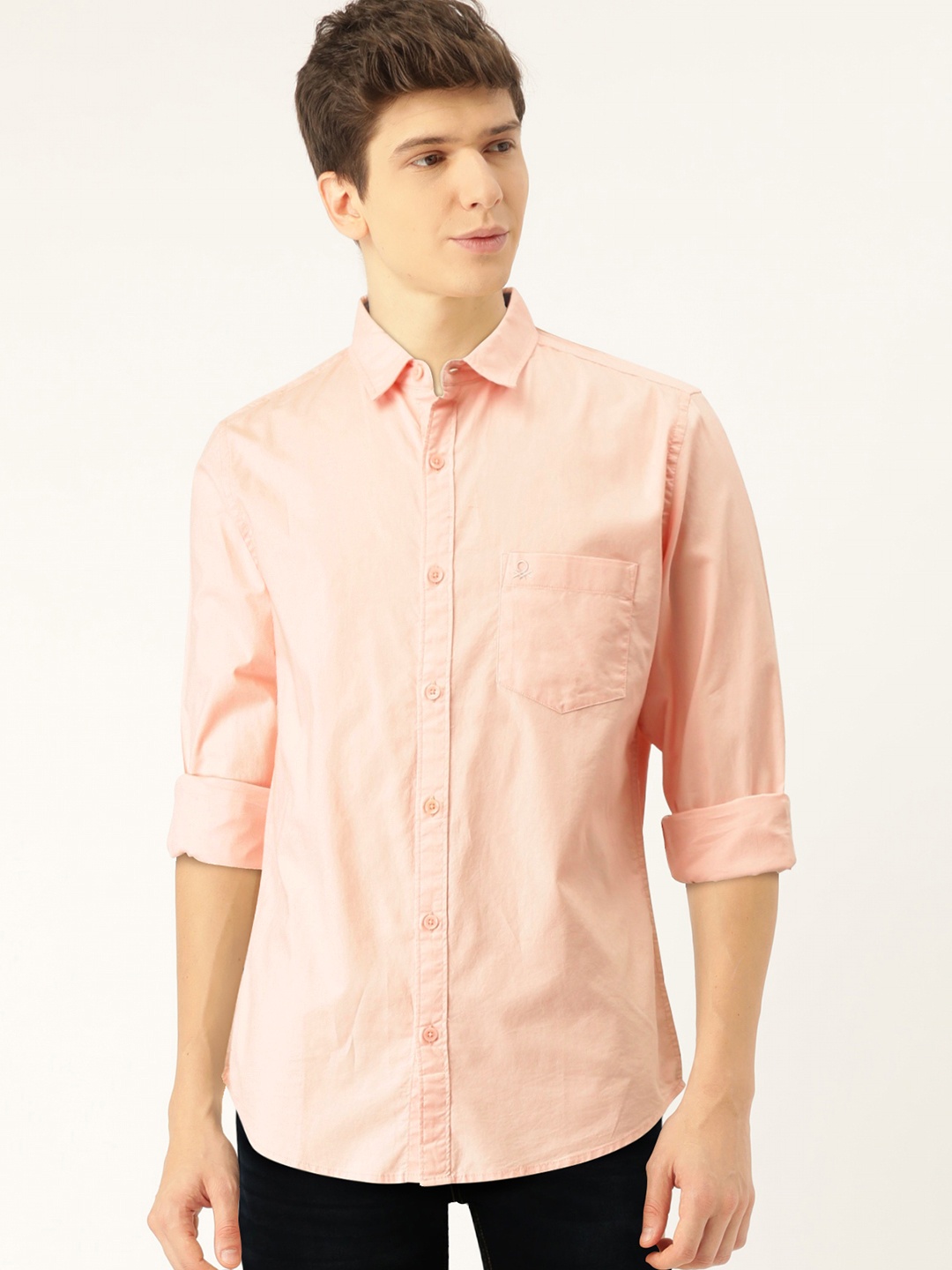 

United Colors of Benetton Men Peach-Coloured Slim Fit Oxford Weave Solid Casual Shirt