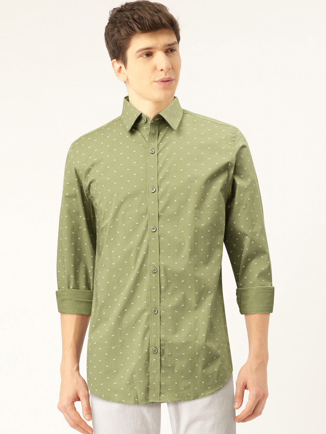 

United Colors of Benetton Men Olive Green & Off-White Slim Fit Printed Casual Shirt